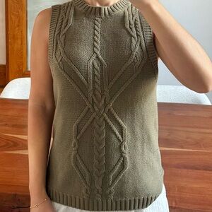 Twik Olive Green Cable Knit Sweater Chic Vest Fall - XS (Fits Small) Casual Chic